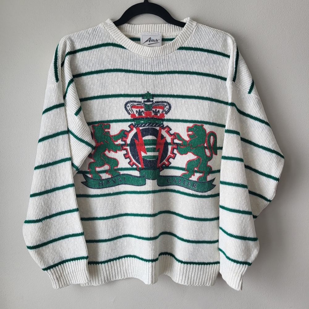 Aitch Striped White and Green Women's Preppy Country Style Knit Sweater Sz Large